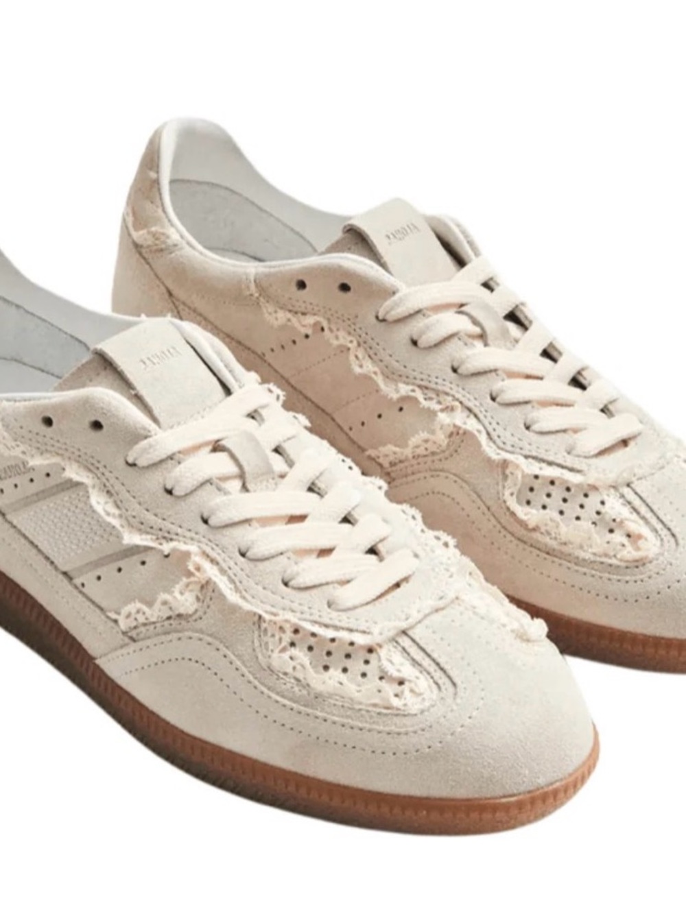 New ALOHAS Crochet Sneakers Lace Trim Ivory Suede Shoes Womens 9 - Picture 2 of 5